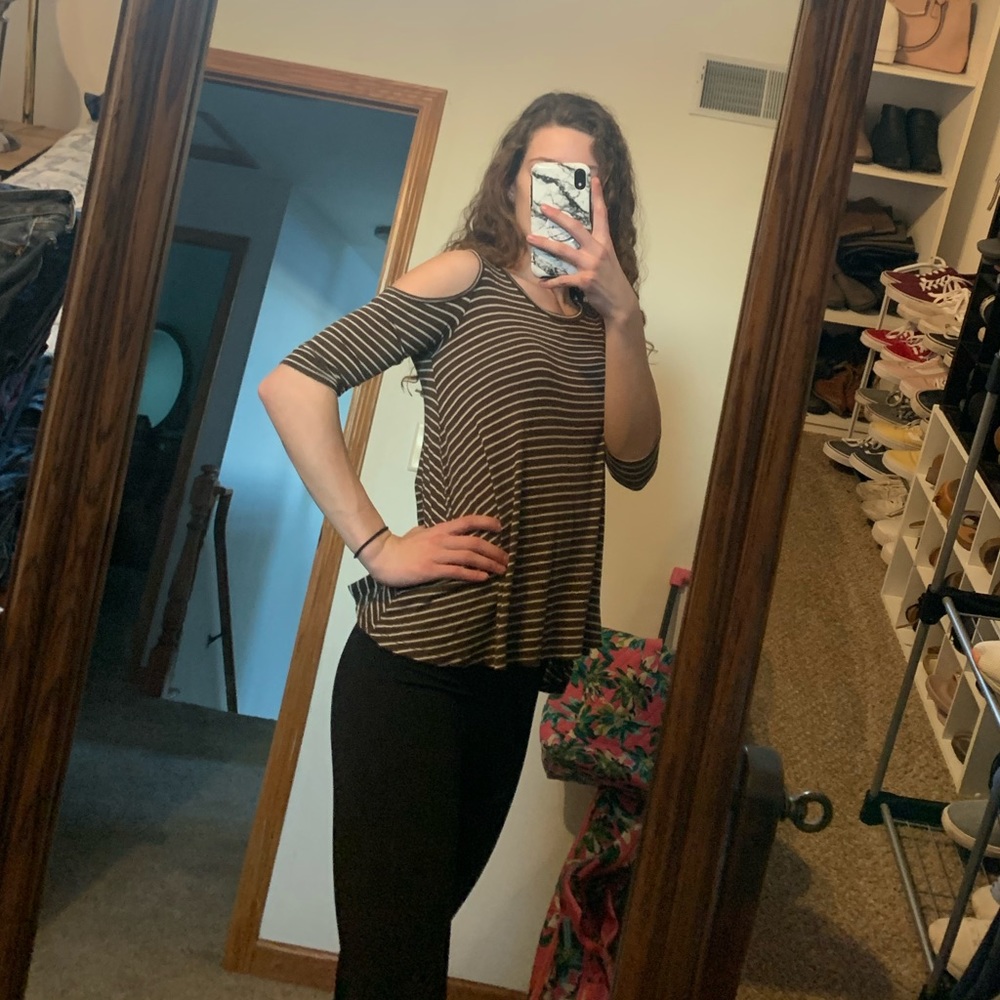 (3 for $15) Green Cold Shoulder Striped Shirt